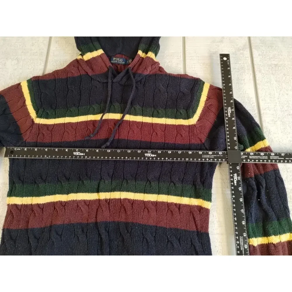Polo Ralph Lauren St Andrews Rugby Cable Knit Hoodie Striped Sweater Men Size M